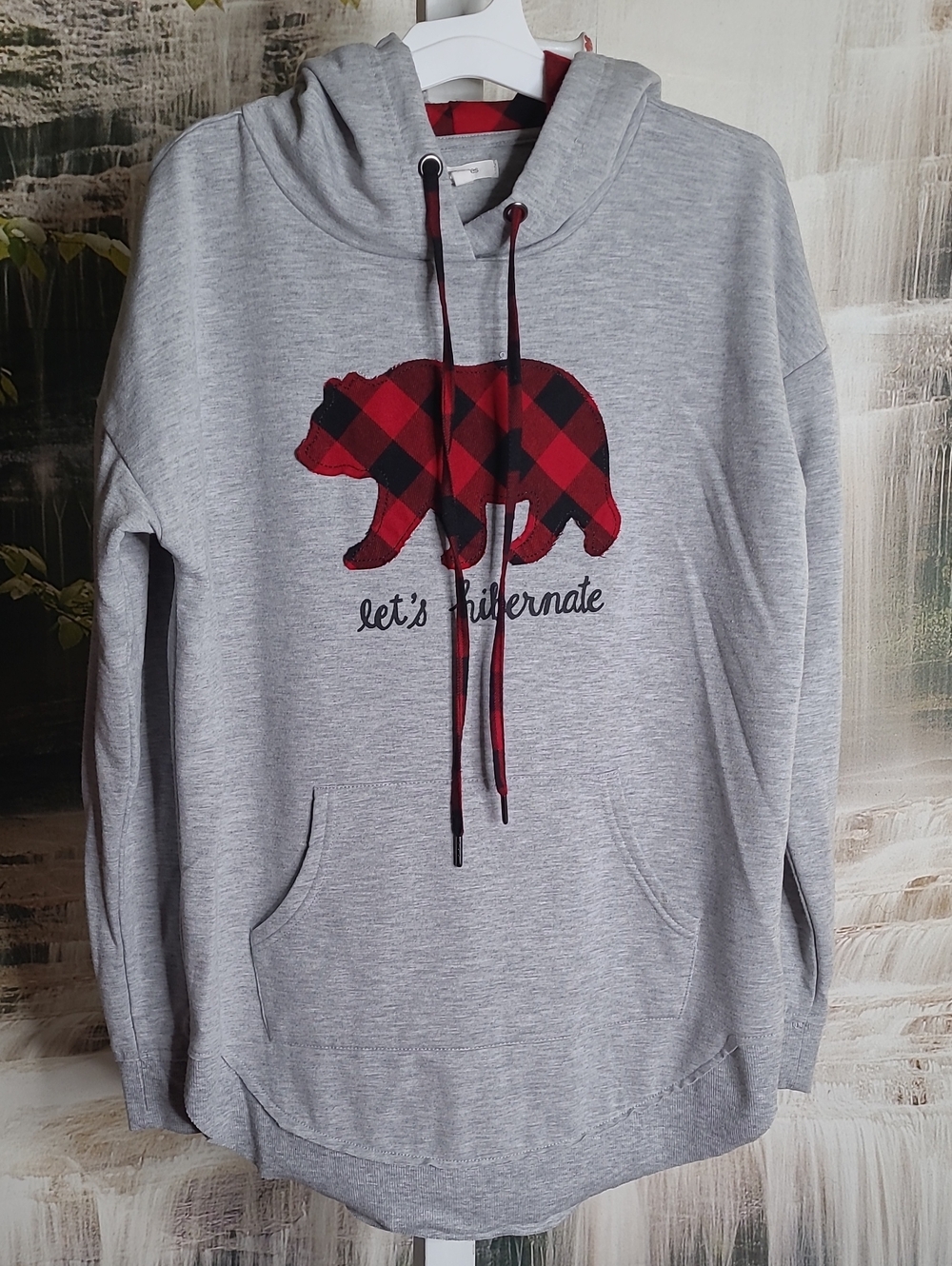Maurices Womens Medium Let's Hibernate Red Black Plaid Bear Hoodie Sweatshirt